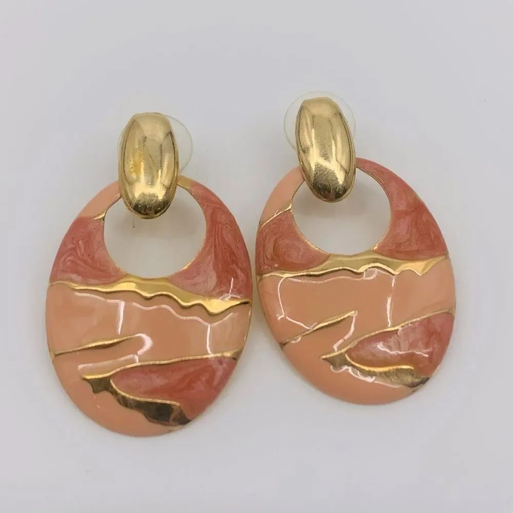 Vintage Mid century Gold and Pink Oval Earrings | MCM